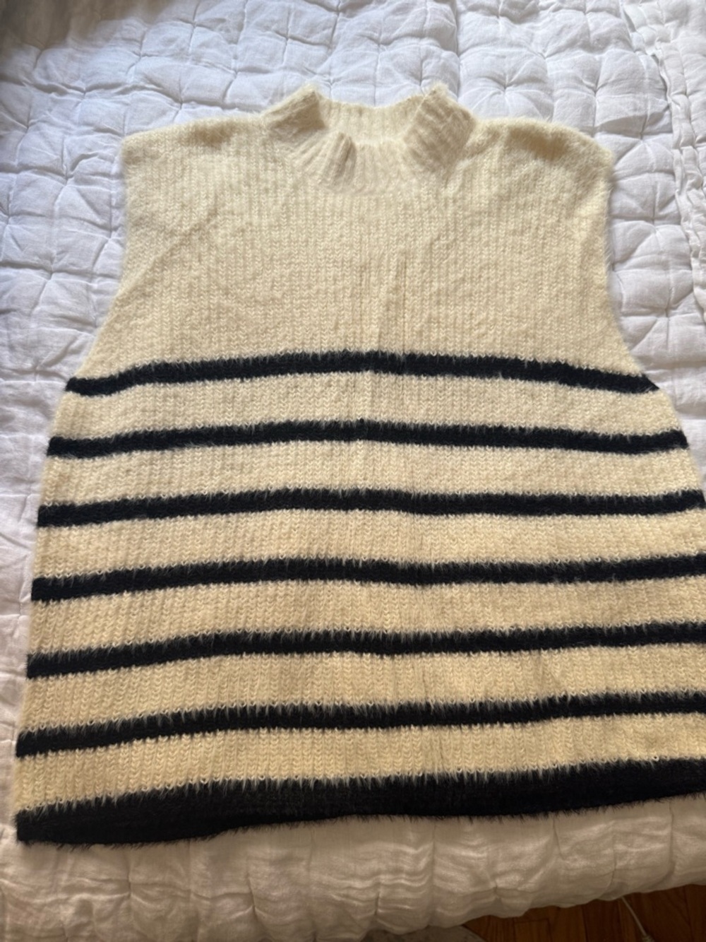 Old Navy Cream and Black Striped Mock-Neck Sweater Vest